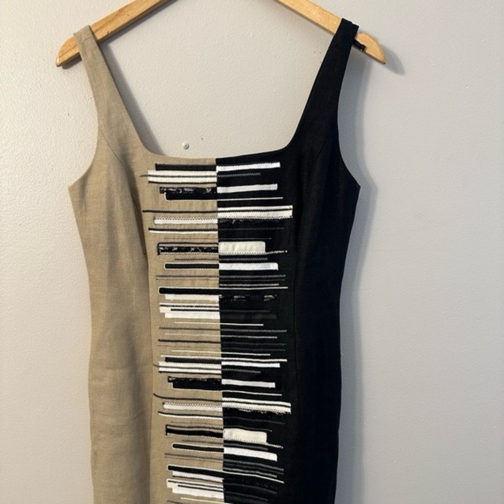 WORTH Embroidered 100% Linen Tan & Black Dress - Picture 4 of 8
